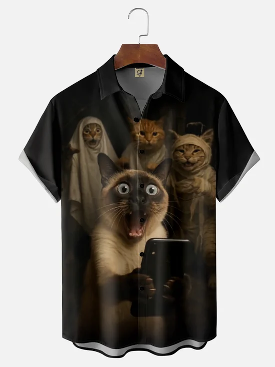 Moisture-Wicking Halloween Cat Chest Pocket Hawaiian Shirt