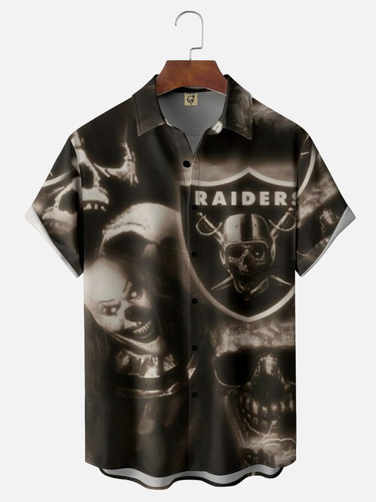 Moisture-wicking American Football Las Vegas Skull Art Raiders Funny Chest Pocket Casual Shirt