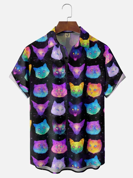Moisture-wicking Colorful Cat Art Chest Pocket Casual Shirt