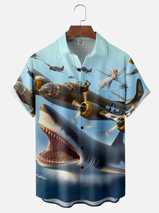 Moisture-Wicking B-17 Flying Fortress Bomber Shark Chest Pocket Hawaiian Shirt