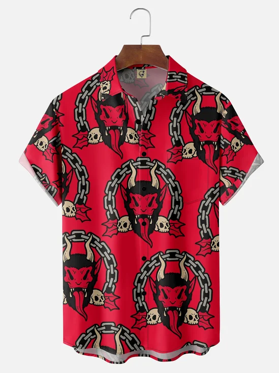 Moisture-wicking Halloween Skeleton Demon Art Avant-garde Chest Pocket Casual Shirt