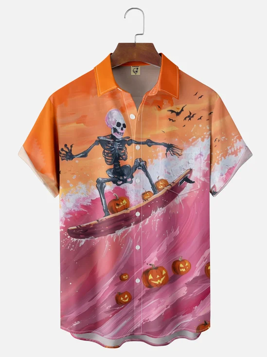 Moisture-Wicking Halloween Pumpkin Skull Surf Chest Pocket Hawaiian Shirt