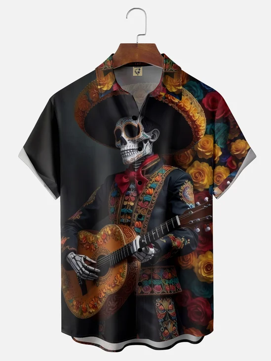 Moisture-wicking Day of the Dead Skull Guitar Fun Chest Pocket Casual Shirt