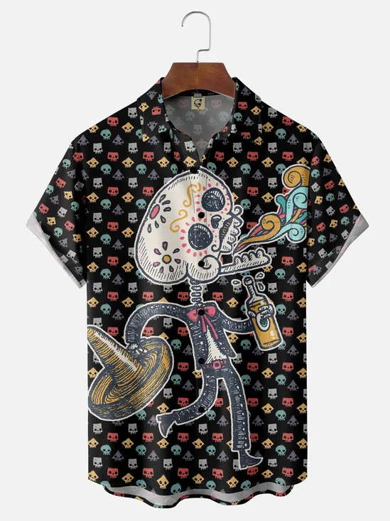 Hardaddy x Walmazan Moisture-wicking Day of the Dead Art Fun Chest Pocket Casual Shirt