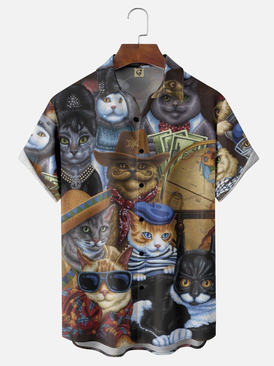 Moisture-Wicking Worldwide Cats Chest Pocket Hawaiian Shirt