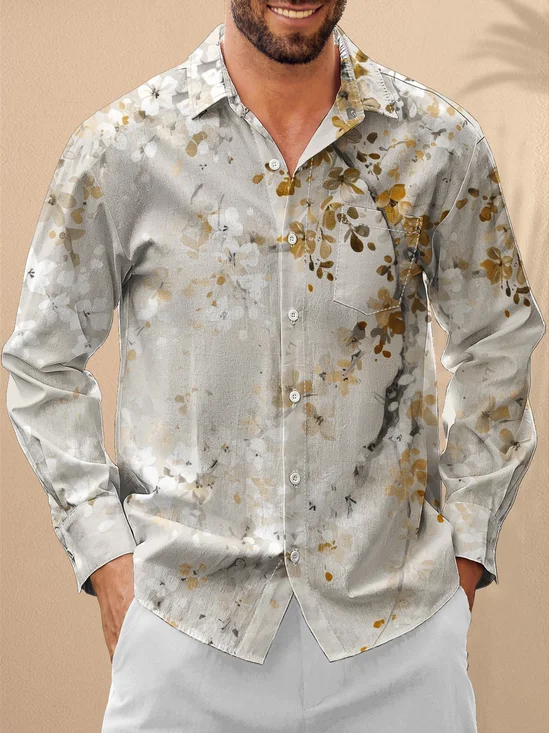 Moisture-Wicking Botanical Floral Chest Pocket Tong Sleeve Hawaiian Shirt