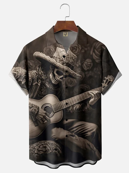 Moisture-wicking Day of the Dead Skull Guitar Fun Chest Pocket Casual Shirt
