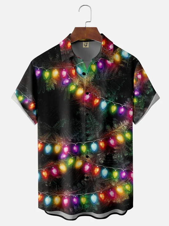 Moisture-wicking Christmas Art Christmas Tree Light Strip Chest Pocket Casual Shirt