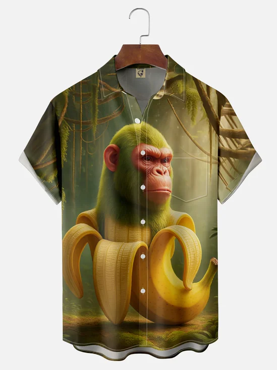 Moisture-wicking Fun "Shimpansinni Bananini" Edgy Chest Pocket Hawaiian Shirt