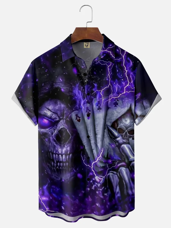 Moisture-wicking Flame Lightning Skull Poker Chest Pocket Casual Shirt