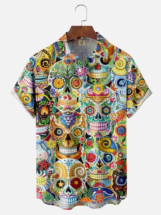 Moisture Wicking Day Of The Dead Skull Floral Chest Pocket Hawaiian Shirt