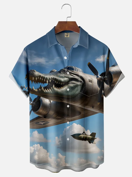 Moisture-wicking Fun "Bombardiro Crocodilo" Avant-garde Chest Pocket Hawaiian Shirt