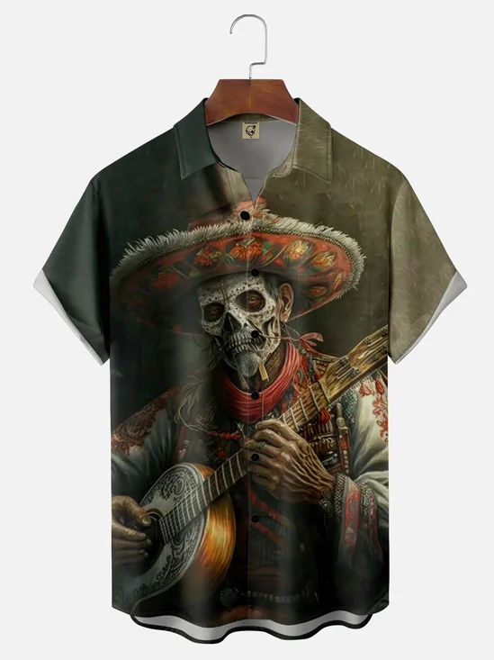 Moisture-Wicking Day Of The Dead Skull Guitar Chest Pocket Hawaiian Shirt