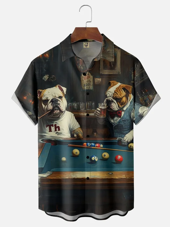 Moisture-wicking Funny Dog Billiards Illustration Art Chest Pocket Casual Shirt
