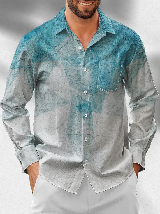 Moisture Wicking Geometric Gradient Chest Pocket Long Sleeved Hawaiian Shirt