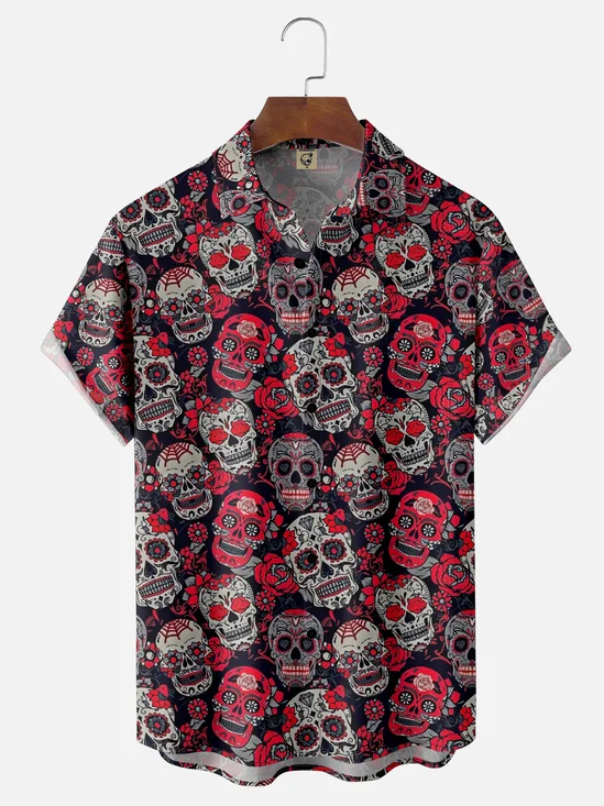Moisture-Wicking Day Of The Dead Floral Skull Chest Pocket Hawaiian Shirt