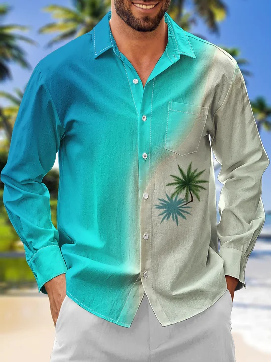 Moisture-Wicking Gradient Coconut Chest Pocket Long Sleeve Hawaiian Shirt