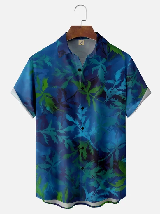 Moisture-wicking Leaf Gradient Color Chest Pocket Hawaiian Shirt