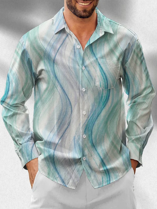 Moisture Wicking Geometric Gradient Chest Pocket Long Sleeved Hawaiian Shirt
