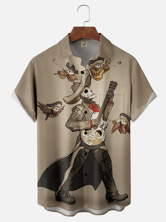 Moisture-Wicking Mexican Day of The Dead Skull Guitar Chest Pocket Hawaiian Shirt