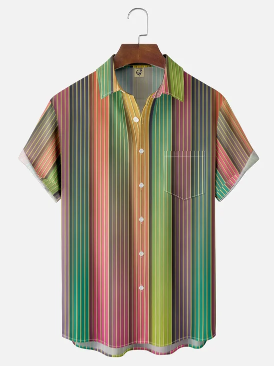 Moisture-Wicking Striped Chest Pocket Hawaiian Shirt