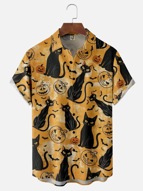 Moisture-wicking Halloween Black Cat Pumpkin Chest Pocket Casual Shirt