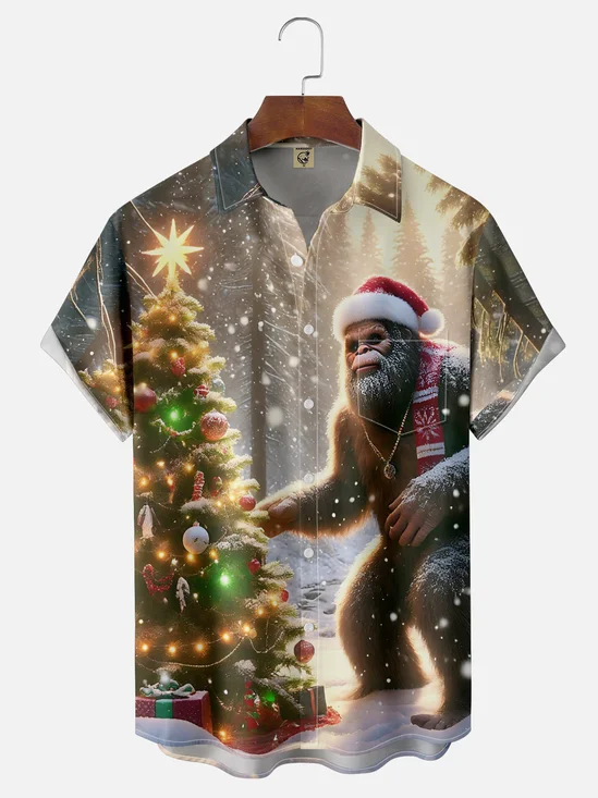 Moisture-Wicking Christmas Bigfoot Chest Pocket Hawaiian Shirt