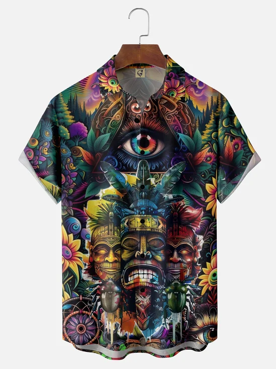 Moisture-wicking Tiki Flowers Chest Pocket Hawaiian Shirt