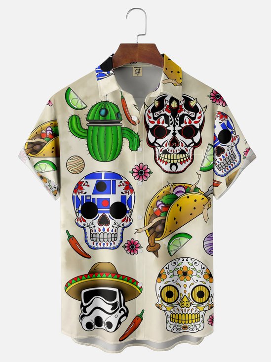 Moisture-Wicking Mexican Day Qf The Dead Skull Cactus Taco Chest Pocket Hawaiian Shirt