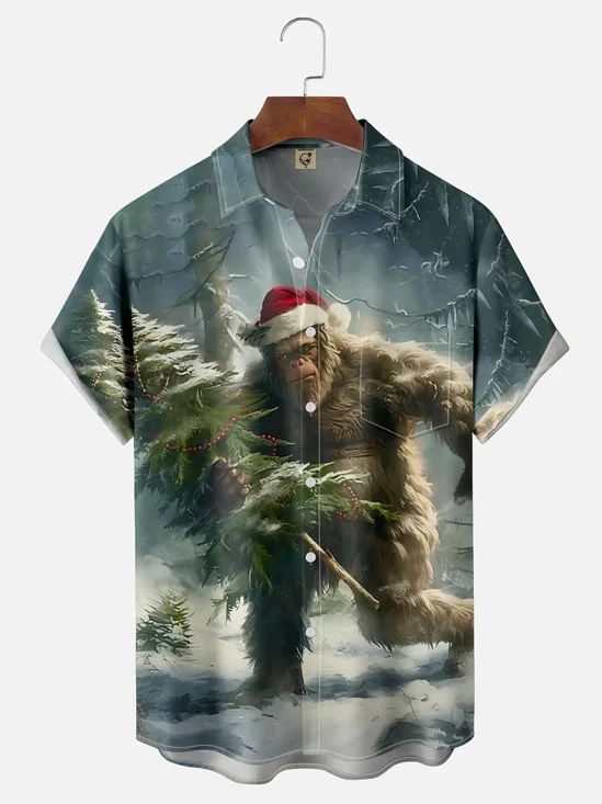 Moisture-Wicking Christmas Bigfoot Throwing Christmas Tree Chest Pocket Hawaiian Shirt