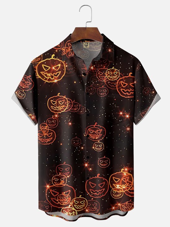 Moisture-Wicking Halloween Fluorescent Pumpkin Chest Pocket Hawaiian Shirt