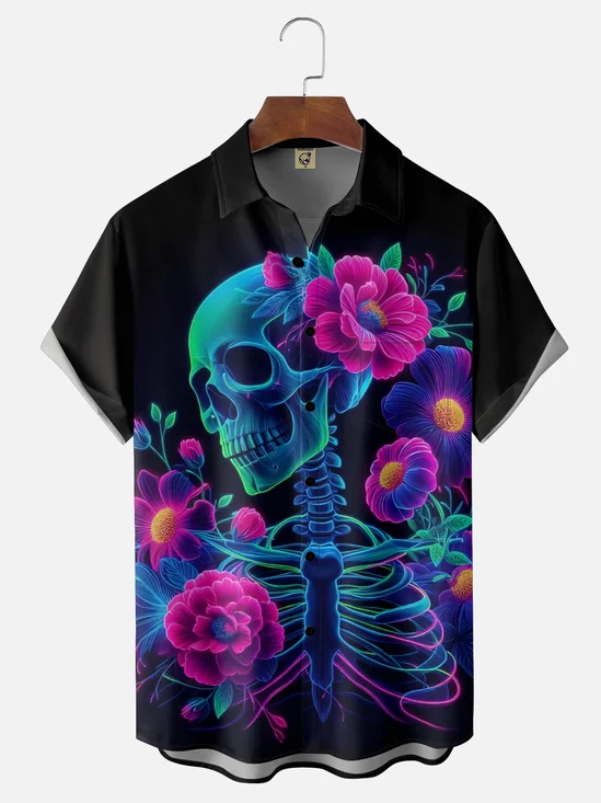 Moisture-Wicking Mexican Day Of The Dead Skull Flower Chest Pocket Hawaiian Shirt