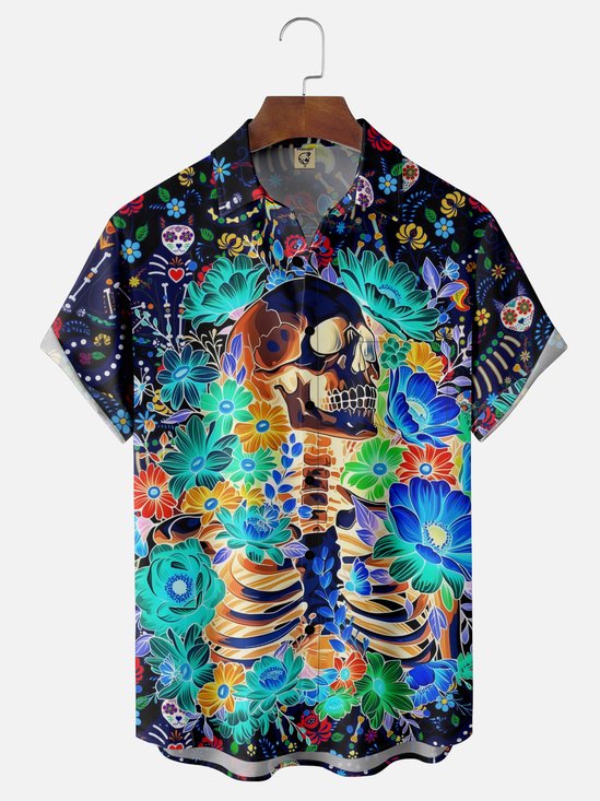 Moisture-wicking Day of the Dead Skeletons Chest Pocket Casual Shirt