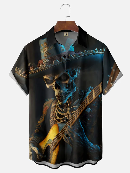 Moisture-Wicking Mexican Day of The Dead Skull Guitar Chest Pocket Hawaiian Shirt