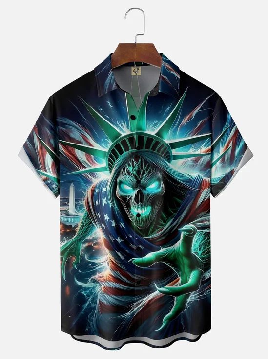 Moisture-Wicking Day of the Dead American Skull Chest Pocket Hawaiian Shirt