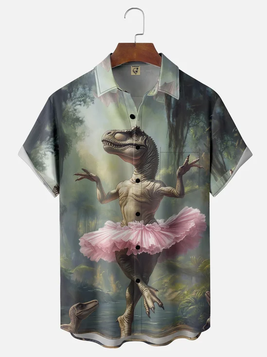 Moisture-wicking Dinosaur Ballet Chest Pocket Casual Shirt