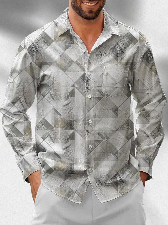 Moisture-Wicking Geometric Chest Pocket Long Sleeved Hawaiian Shirt