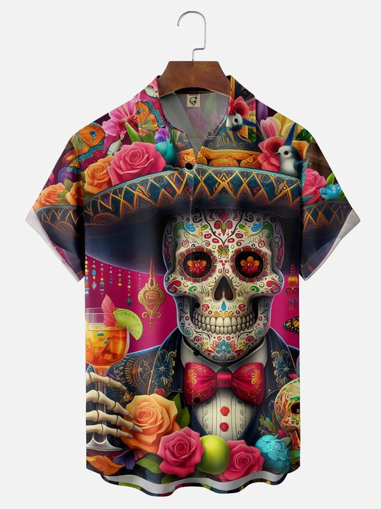 Moisture-Wicking Day Of The Dead Skull Mexican Pattern Guitar Chest Pocket Hawaiian Shirt