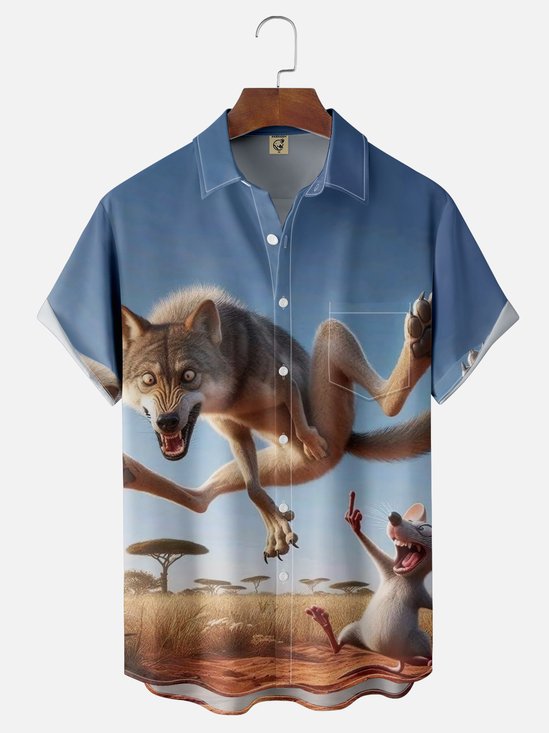 Moisture-Wicking Funny Mouse Wolf Chest Pocket Hawaiian Shirt