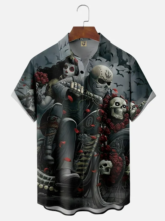 Moisture-Wicking Day of The Dead Skeleton Knight Chest Pocket Hawaiian Shirt