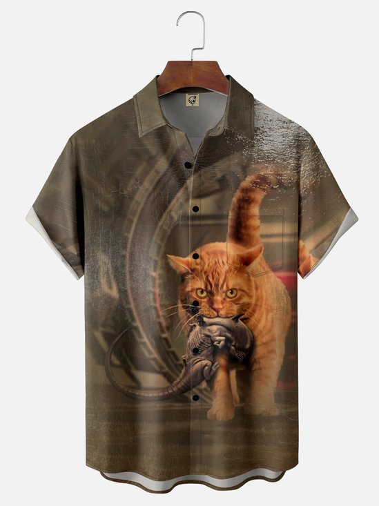 Moisture-wicking Cat Monster Chest Pocket Casual Shirt
