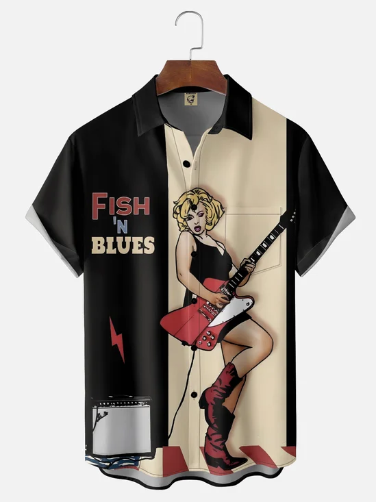 Moisture-Wicking Blues Guitar Girl Chest Pocket Hawaiian Shirt