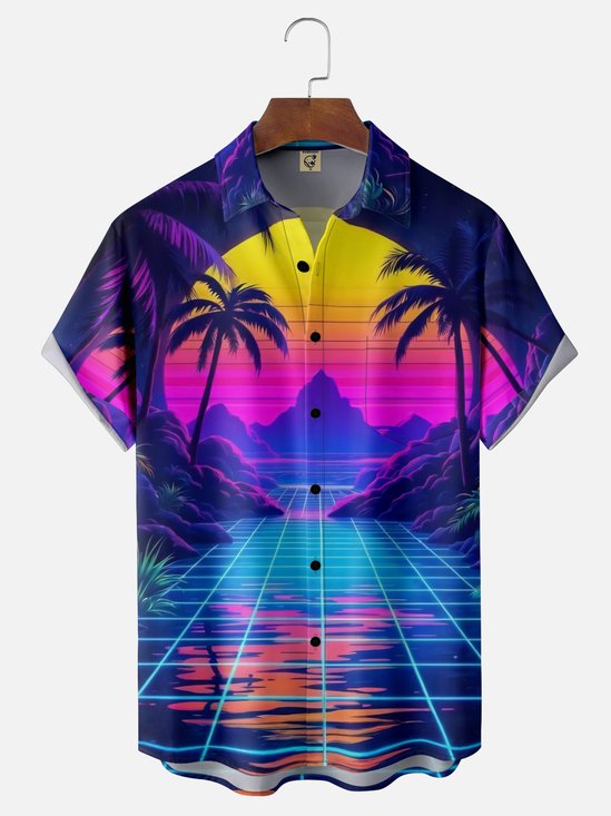 Moisture-wicking Coconut Tree Gradient Color Chest Pocket Hawaiian Shirt
