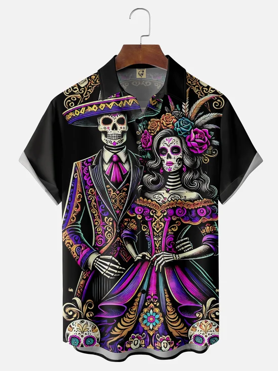 Moisture-Wicking Mexican Day Of The Dead Skull Flower Chest Pocket Hawaiian Shirt
