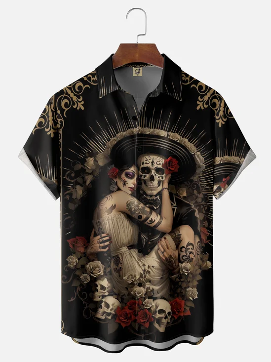 Moisture-wicking Day of the Dead Skull Rose Chest Pocket Casual Shirt