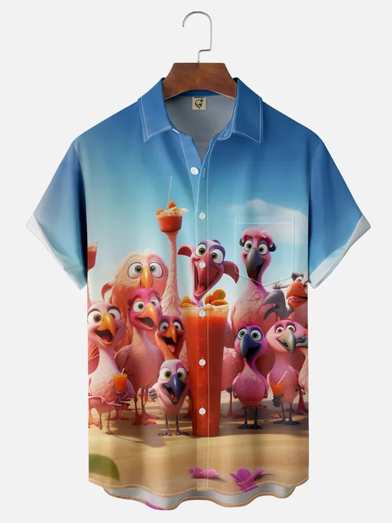 Moisture-Wicking Fun Flamingo Chest Pocket Hawaiian Shirt