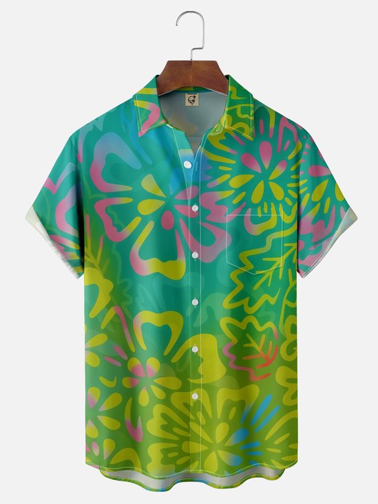 Moisture-wicking Floral Gradient Chest Pocket Hawaiian Shirt