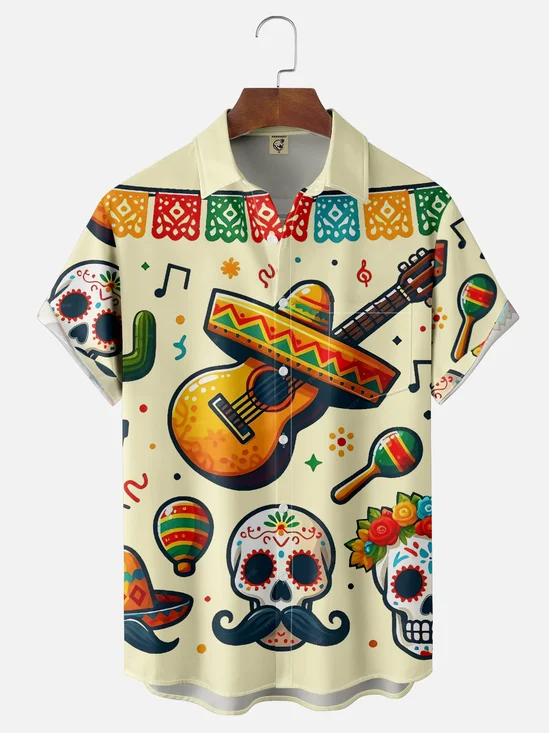 Moisture-Wicking Mexican Day of The Dead Skull Guitar Chest Pocket Hawaiian Shirt