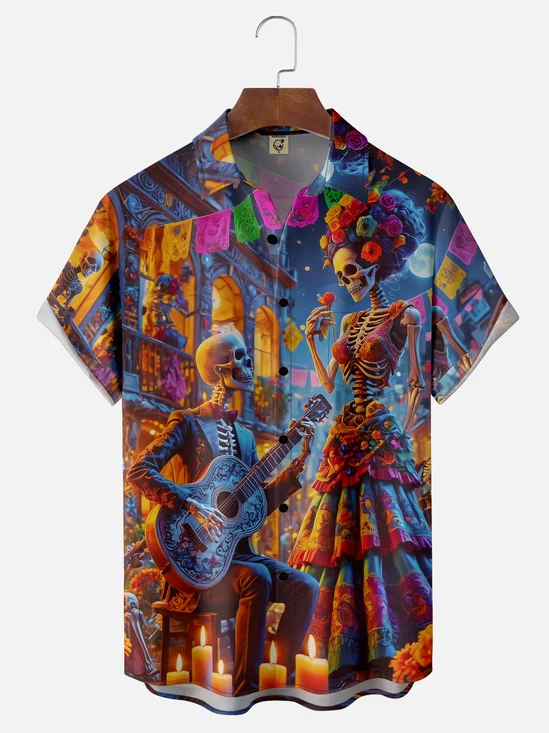 Moisture-wicking Day of the Dead Skeleton Guitar Music Chest Pocket Casual Shirt