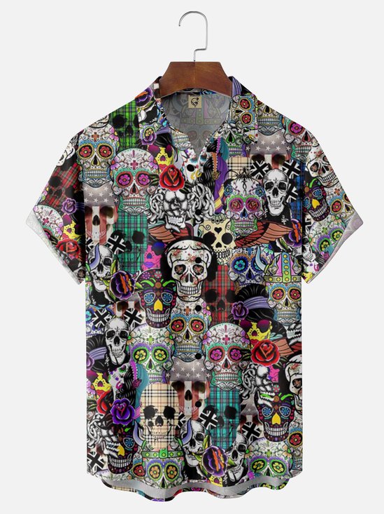 Moisture-Wicking Day of the Dead Skull Chest Pocket Hawaiian Shirt